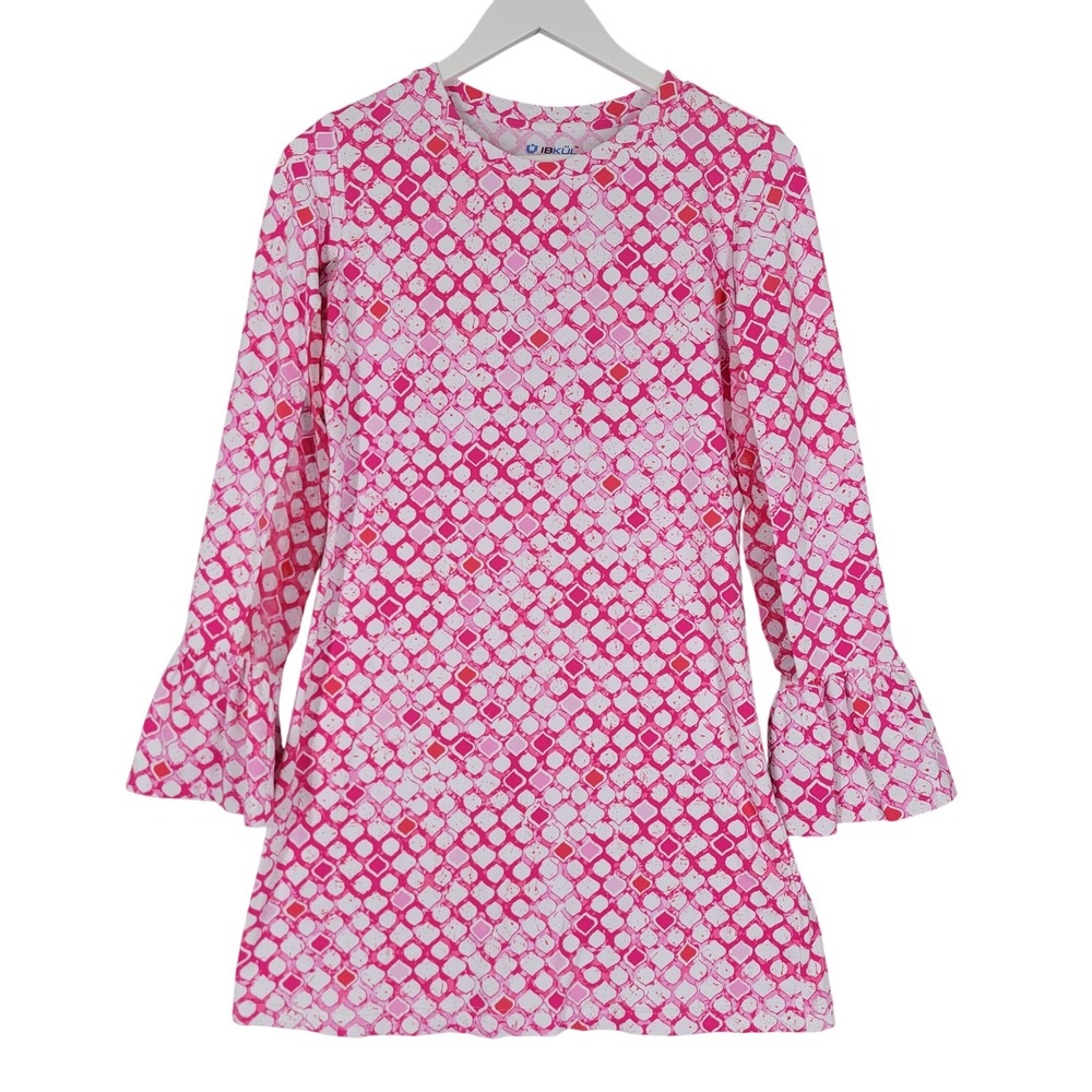 IBKUL Dress Womens S Pink White Geometric IceFil Cooling Ruffle Sleeve UPF‎ 50+